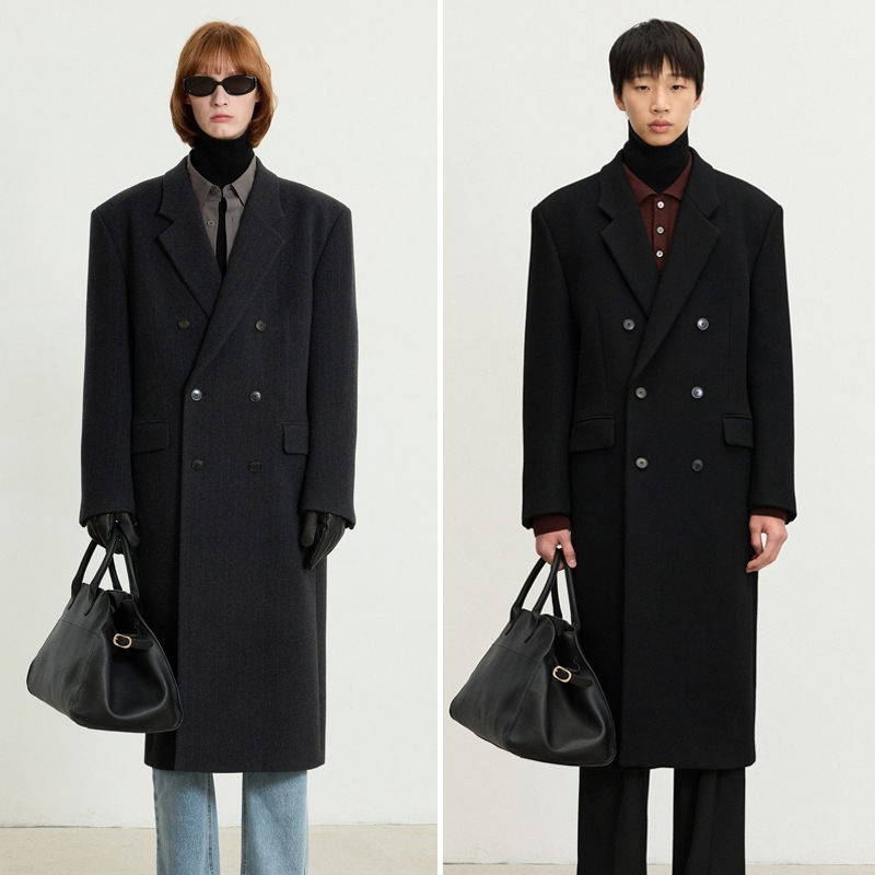 条纹时尚羊毛混纺长款毛呢大衣