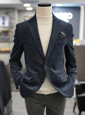0301冬款BASSO藏青色棉混纺翻领两粒双扣商务休闲西服外套