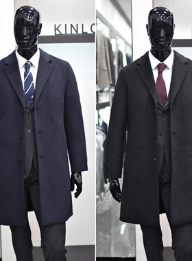 0101冬款KINLOCH黑色42折羊绒混纺可拆卸鹅绒内胆中长款毛呢大衣