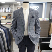 0325夏款 休闲西服 BASSO藏青色格纹微弹力两粒单排扣男士