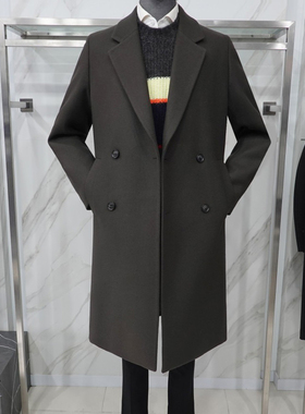 0120冬款Liberclassy棕褐色西服领双排扣长款羊毛混纺毛呢大衣