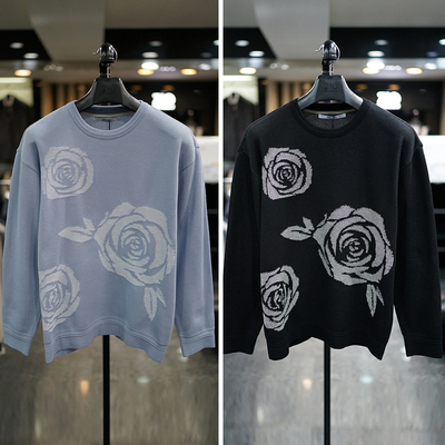 蓝色玫瑰花图案宽松棉质针织衫