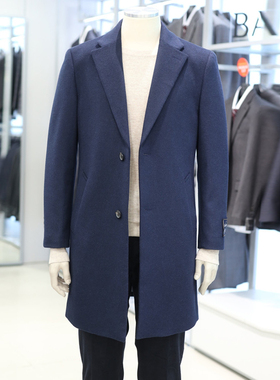 #国内现货175码冬BASSO蓝色基础款单排扣羊毛羊绒混纺毛呢大衣男