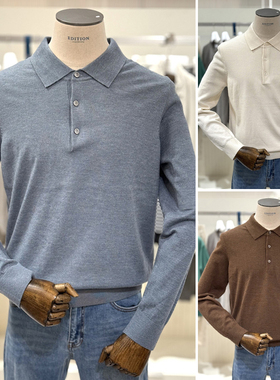 2025冬EDITION棕色蓝色纯色套头三粒扣英式休闲POLO衫长袖T恤3色