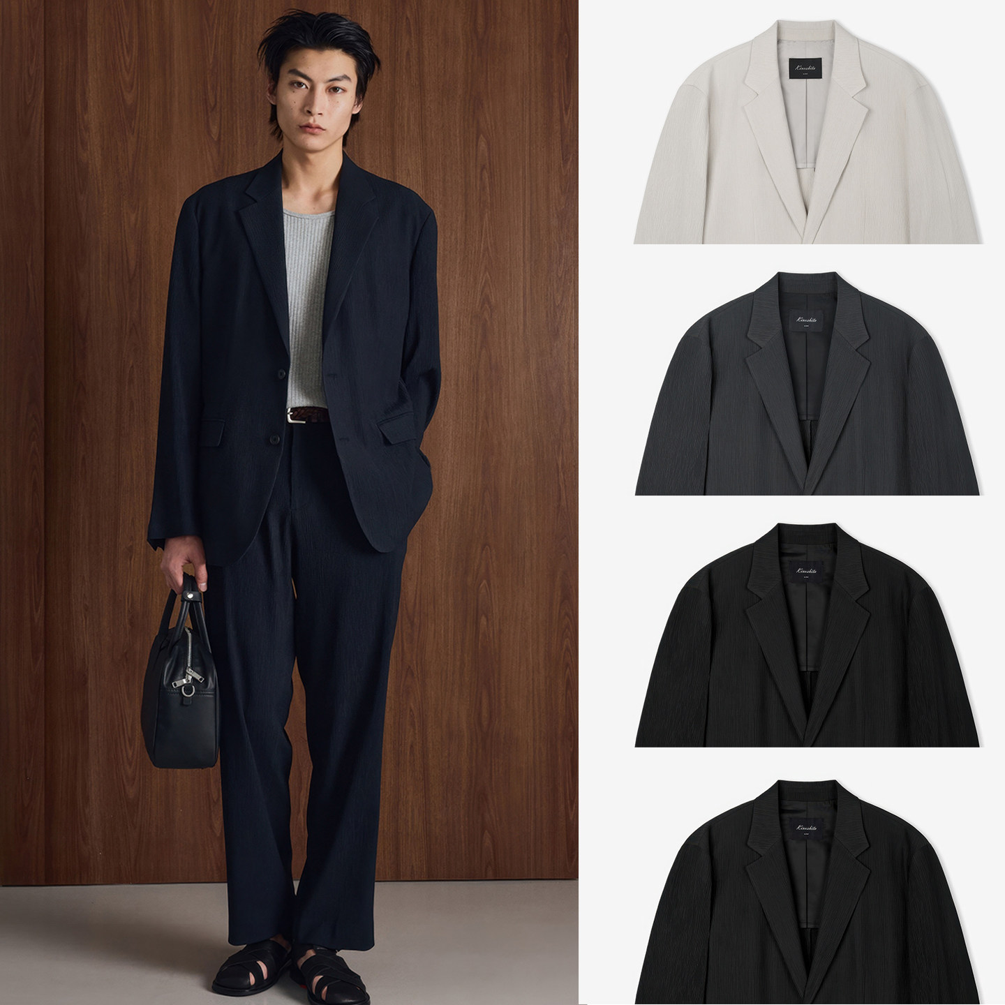 2026年夏季新款TNGT藏青色黑色青年泡泡纱褶皱休闲宽松西服外套