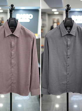 0130秋季BASSO粉色灰色小方格纹图案柔软弹性修身长袖衬衫衬衣2色