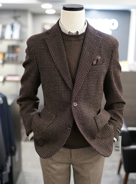 0101冬BASSO红棕色格纹羊毛混纺单排扣休闲西服外套男士西服上衣