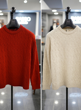 0101冬BASSO乳白色红色圆领套头纯羊毛扭花针织衫毛衣2色