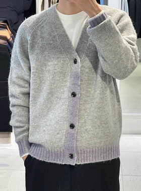 2025年冬季新款BON灰色V领羊毛混纺渐变休闲百搭长袖针织开衫男士