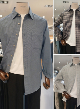 0130冬装新款EDITION蓝色千鸟格翻领纯棉休闲长袖衬衫男士衬衣7色