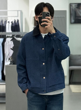 0120秋款Liberclassy深蓝色可拆卸领子粗花纯棉休闲呢夹克