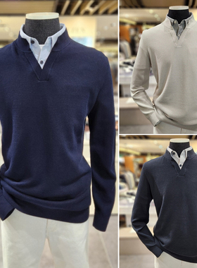 0101冬装EDITION藏青色纯色商务开口领衬衫领假两件男士针织衫3色