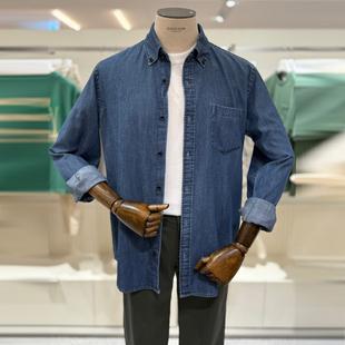 0130冬装EDITION深牛仔蓝色纯棉韩版翻领长袖牛仔衬衫男生2色