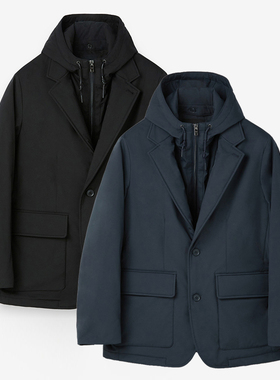 0130冬款CAMBRIDGE蓝色黑色男士时尚可拆卸帽子假两件夹克Q