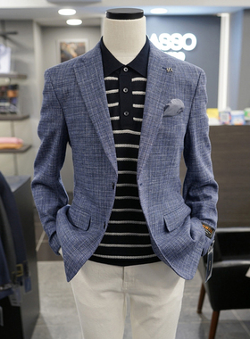 0305春款BASSO蓝色羊毛亚麻混纺微弹力男士休闲西服外套