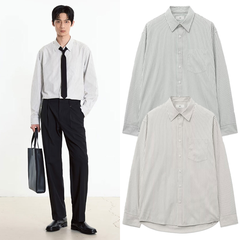 秋TNGT翻领条纹休闲宽松长袖衬衫