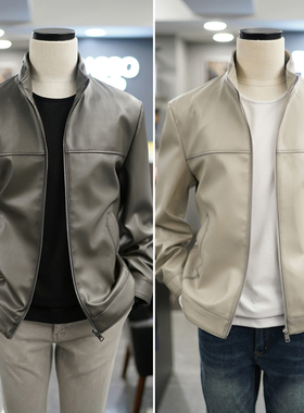 0130四季新款BASSO浅灰米色卡其绿色立领拉链仿皮皮衣夹克2色