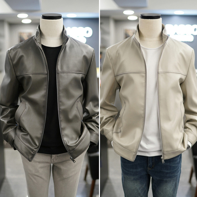 四季BASSO立领拉链仿皮皮衣夹克