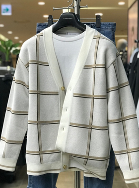 0322春款Liberclassy韩版乳白色格纹V领棉质韩风长袖针织开衫