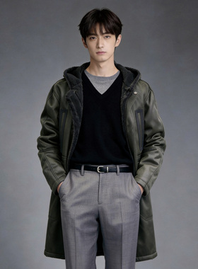 $国内现货175码秋冬SONGZIO卡其绿色皮毛一体连帽仿皮休闲皮衣男