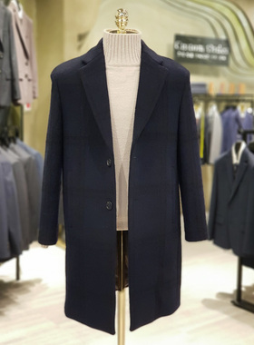 #国内现货175码23折Liberclassy藏青色格子单排扣羊毛毛呢大衣男