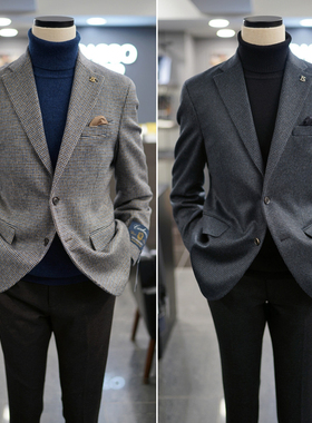 0206冬款BASSO韩版男青年藏青色棕色格纹纯羊绒休闲西服上衣外套