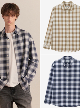 0101秋季新款Mind Bridge蓝色格纹男士时尚翻领休闲长袖衬衫