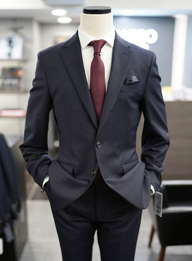 0130秋款BASSO藏青色两粒单排扣平驳领男士羊毛混纺弹力西服套装