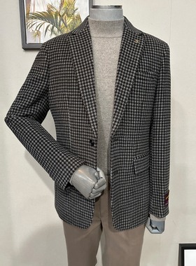 0101冬款BASSO棕色小格翻领纹羊绒混纺韩版商务双扣休闲西服外套