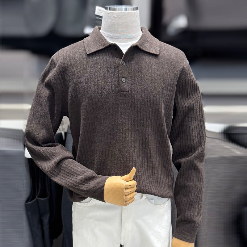 雪尼尔竖条纹长袖针织POLO衫