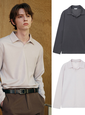 0101秋款Mind Bridge心桥浅灰色半开口翻领棉混纺弹力男式长袖T恤