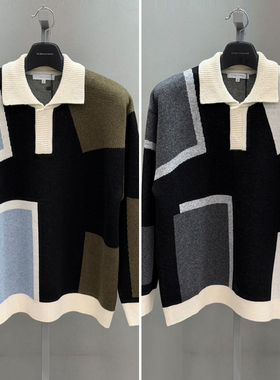0101冬Liberclassy蓝色军绿色异色翻领拼接色块宽松男士针织衫2色