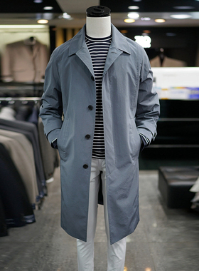 #国内现货175码春SONGZIO灰蓝色基础款微弹单排扣休闲中长风衣SE