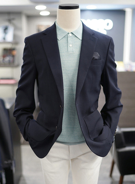 0305春款BASSO藏青色微弹力男士时尚羊毛混纺休闲西服上衣