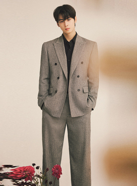 车银优明星同款0120秋Liberclassy灰色多排双扣西服套装加大码190