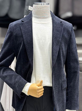 2025年冬季新款ZIOZIA藏青色条绒微弹力男士时尚商务休闲西服外套