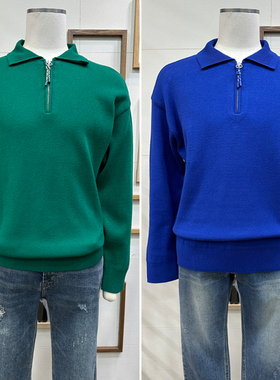 0101冬款BON宝蓝色绿色拉链半开翻领套头字母休闲风长袖针织衫男
