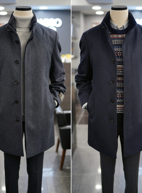 0206冬款BASSO韩版藏青色可拆卸麝鼠毛领兔毛内里中长款毛呢大衣