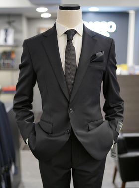 0130秋款BASSO黑色纯色羊毛混纺上班婚礼西服套装加大190码