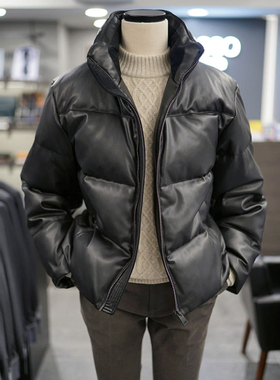 0101冬款BASSO黑色纯色立领韩版休闲羽绒填充仿皮皮衣夹克