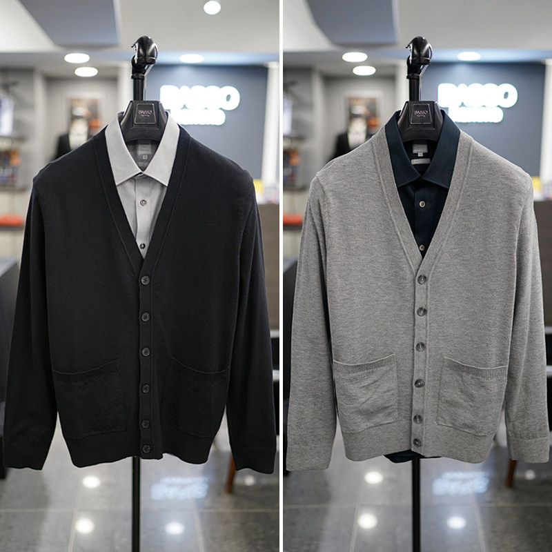 0301秋款BASSO藏青色灰色黑色V领口袋商务休闲针织开衫3色