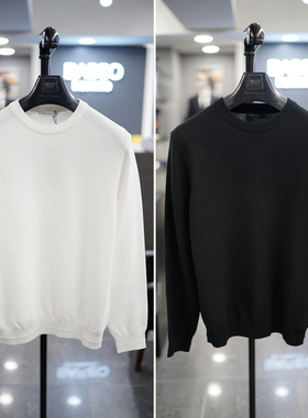 2026年春季新款BASSO韩版男青年黑色白色圆领棉混纺长袖针织衫