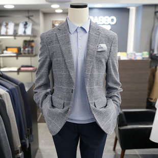 0325夏款 两粒单排扣休闲西服 BASSO蓝色格纹弹力双开衩男士