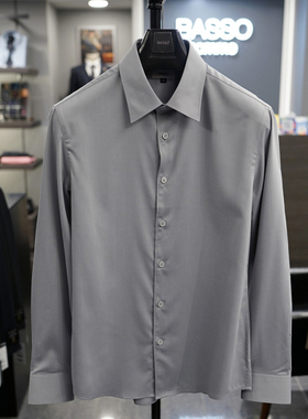 0130秋新款BASSO灰色纯色弹力弹性修身版型男士衬衣商务上班衬衫
