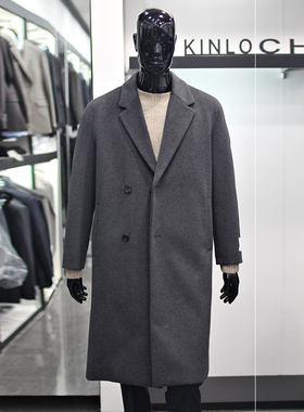 0101秋冬款KINLOCH灰色双排扣内衬半夹棉男士时尚长款毛呢大衣