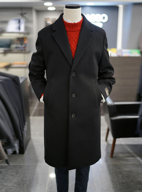 0130冬款BASSO韩版男青年黑色翻领羊毛混纺单排扣中长款毛呢大衣