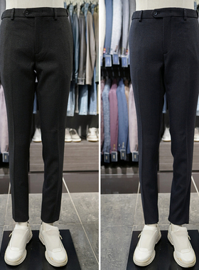 0130冬款BASSO炭灰色隐形松紧腰商务修身上班休闲裤长裤男
