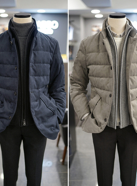 2025年冬季BASSO藏青色立领可拆卸针织双层领假两件鹅绒羽绒服3色