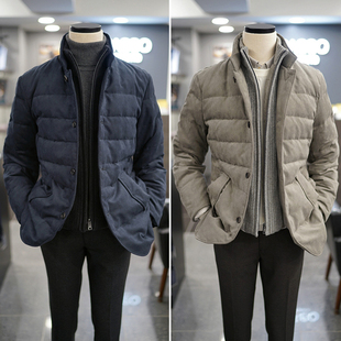 0130冬季BASSO藏青色立领可拆卸针织双层领假两件鹅绒羽绒服3色