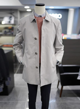 XH2春秋款BASSO浅灰色藏青色纯色商务休闲翻领隐藏扣短款风衣